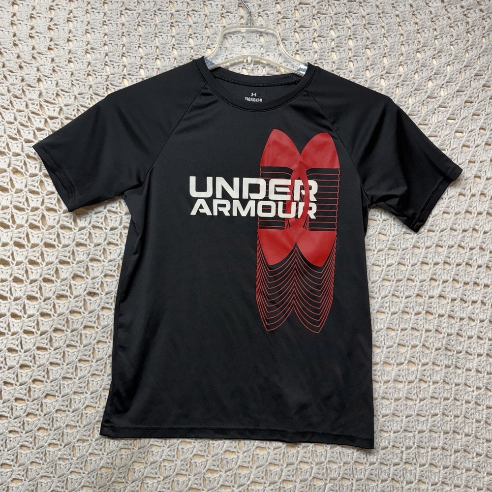 Under Armor Boys Shirt Youth Sz L Black Red Graphic School Activewear Short Slv - Picture 1 of 7